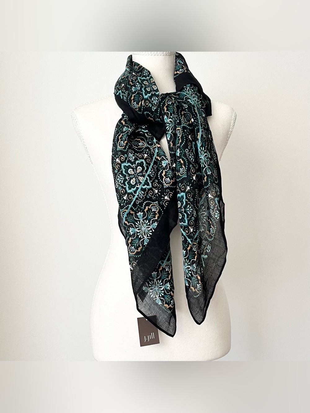 NWT J.Jill Women's Floral Boho Print Scarf Black Teal Blue Gauzy Lightweight